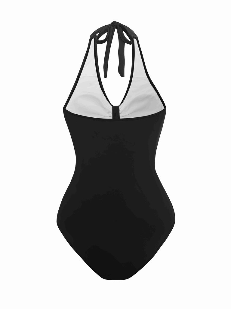 1950s Solid V-Neck Ruched Halter One-Piece Swimsuit