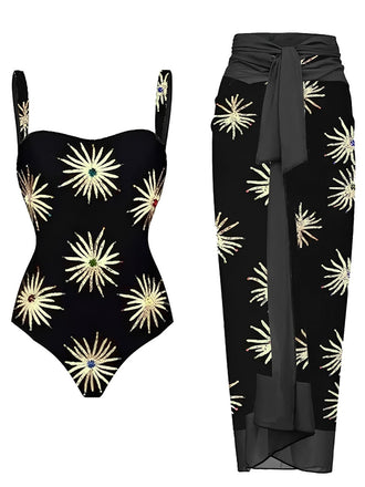 Black 1960s Firework Gilded One-Piece Swimsuit & Cover-Up