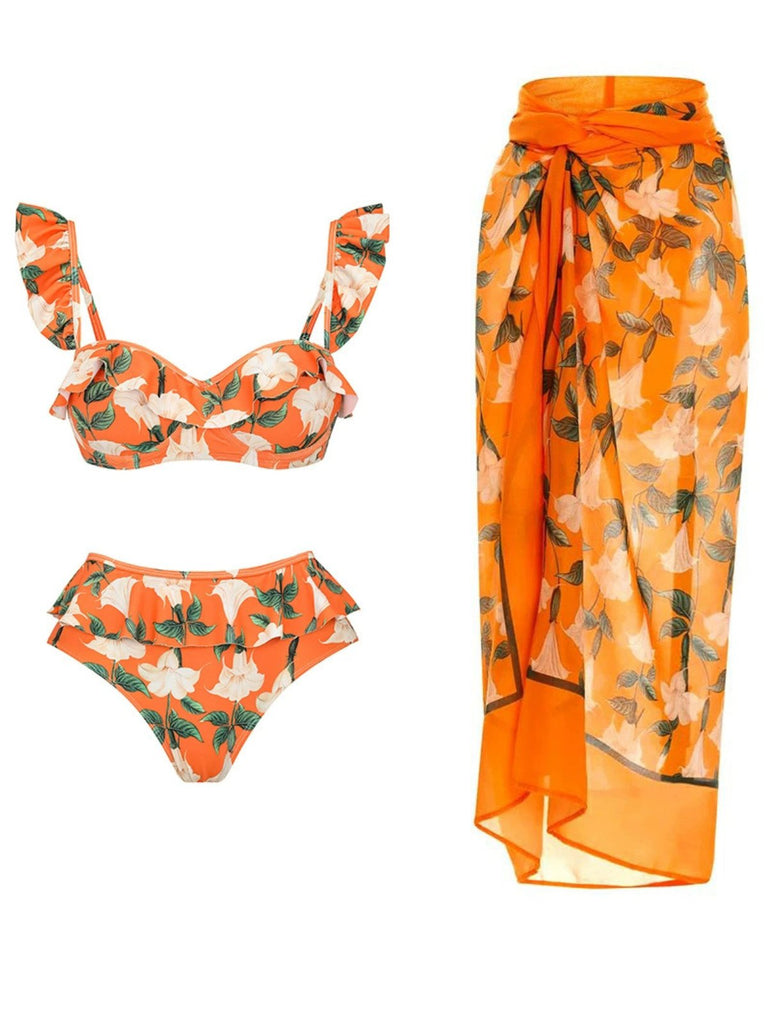 2PCS Orange 1940s Ruffle Floral Bikini Set & Cover Up