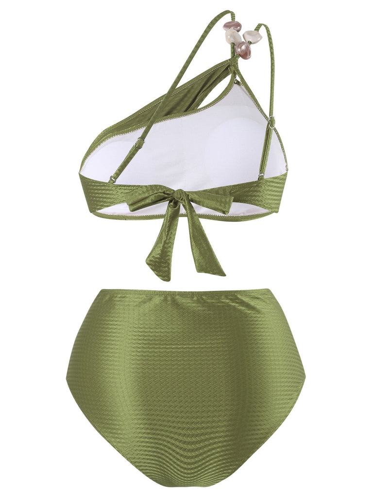 1950s One-Shoulder Textured Fabric Beading Bikini Set