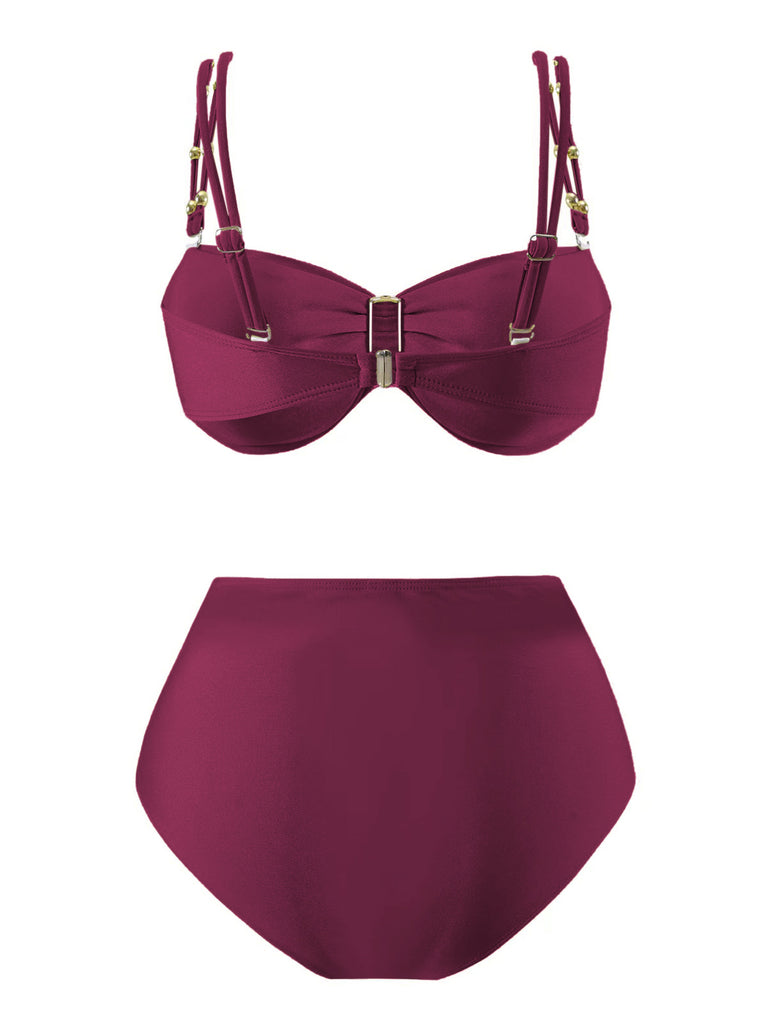 1950s Spaghetti Strap Jewel High-Waist Solid Bikini Set