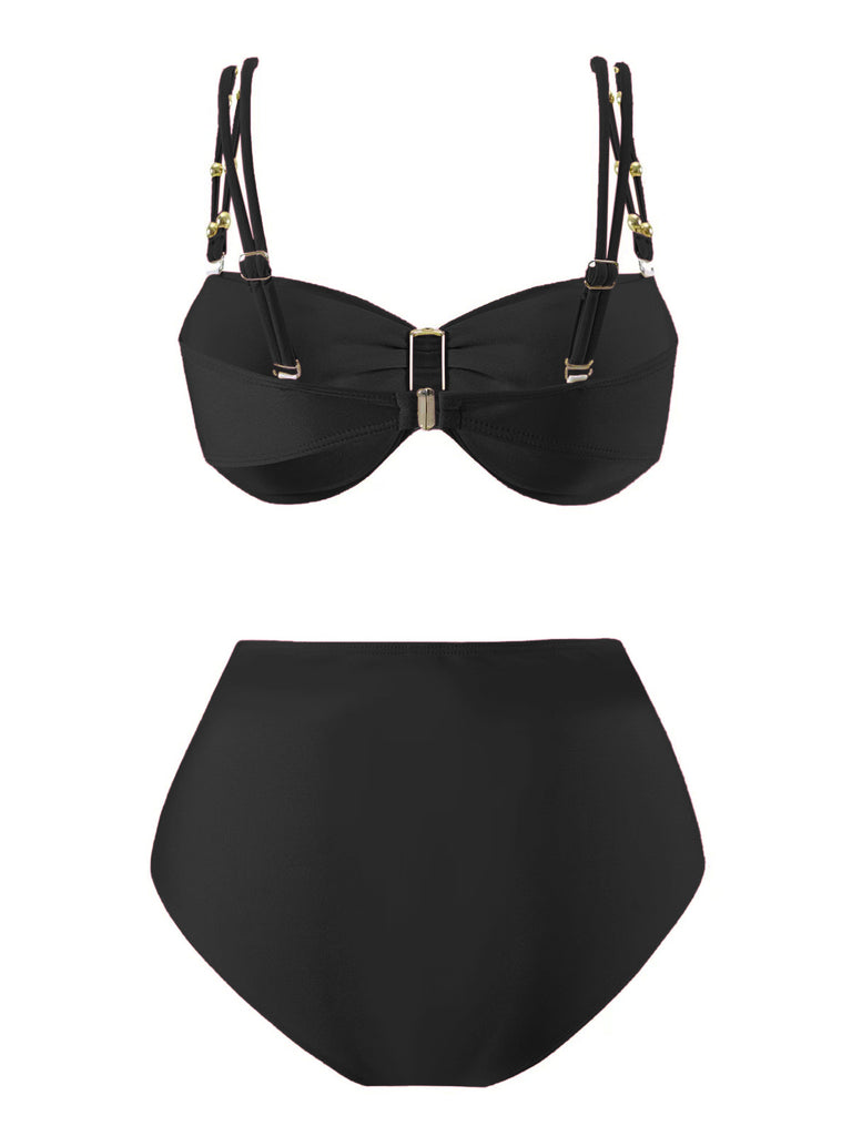 1950s Spaghetti Strap Jewel High-Waist Solid Bikini Set