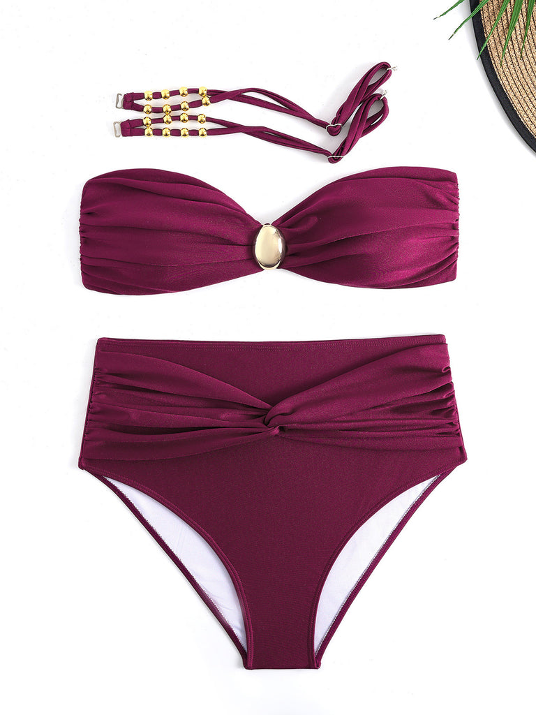 1950s Spaghetti Strap Jewel High-Waist Solid Bikini Set