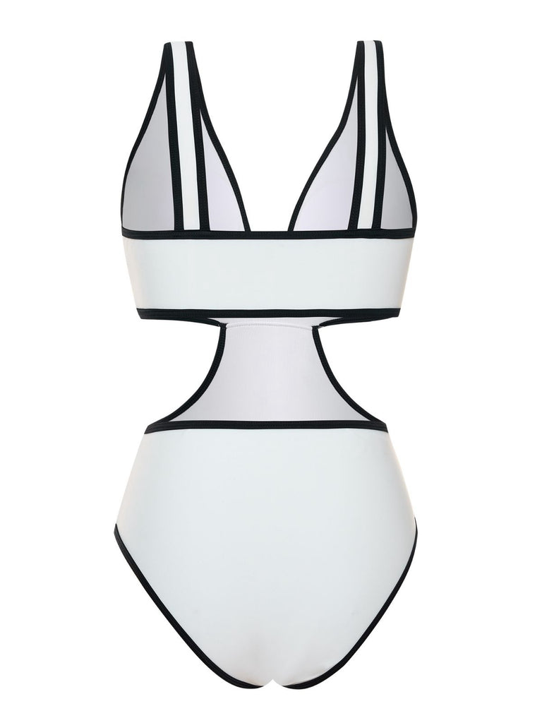 White 1950s Waist Hollow Binding Bow Swimsuit