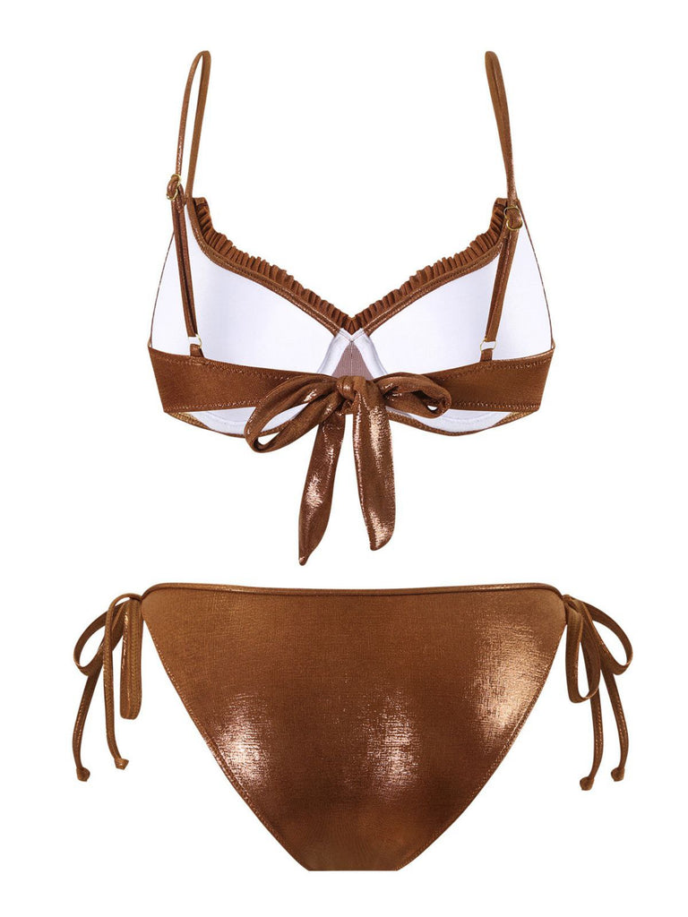 Brown 1950s Shiny Rhinestones Headed Ruffle Bikini Set