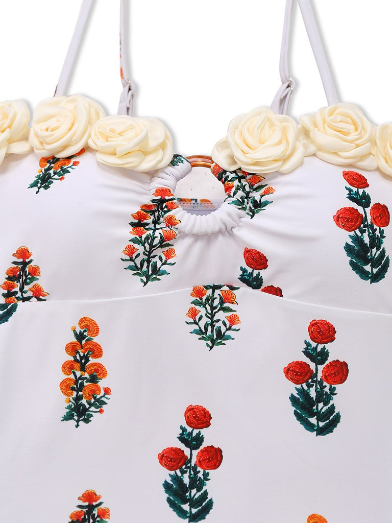 White 1960s 3D-Flower Spaghetti Straps One-Piece Swimsuit