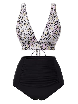 1950s Leopard Print Deep V-Neck Lace-Up Bikini Set