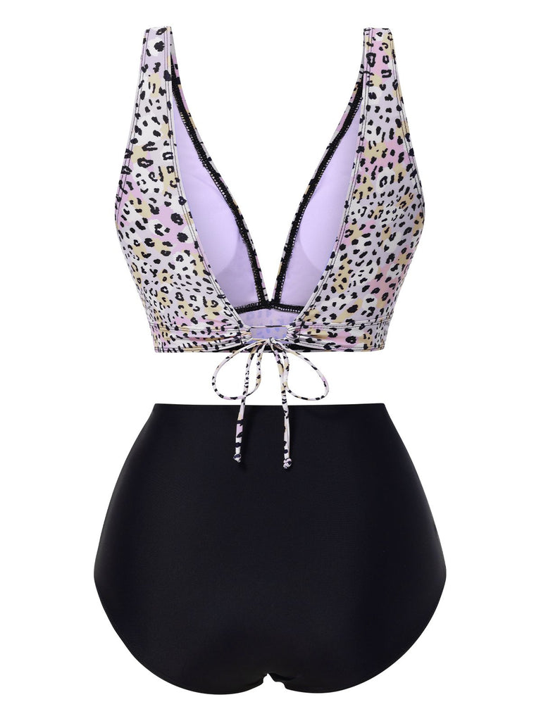 1950s Leopard Print Deep V-Neck Lace-Up Bikini Set
