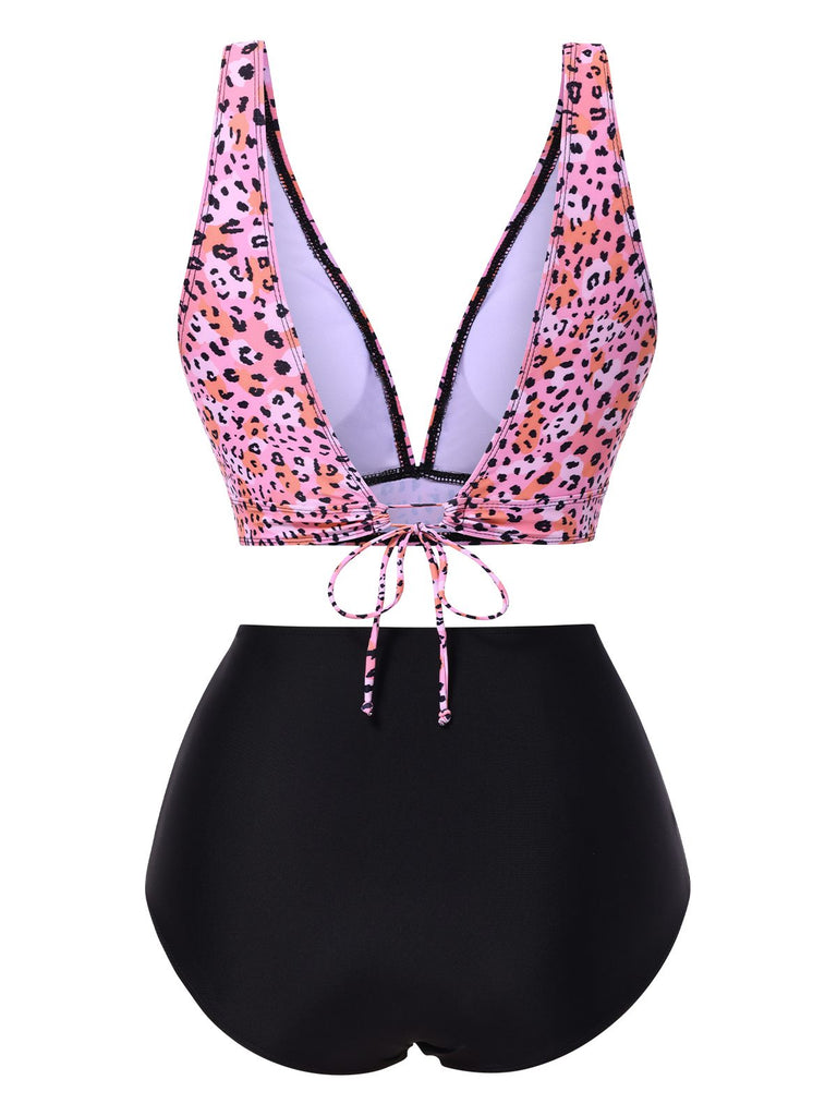 1950s Leopard Print Deep V-Neck Lace-Up Bikini Set