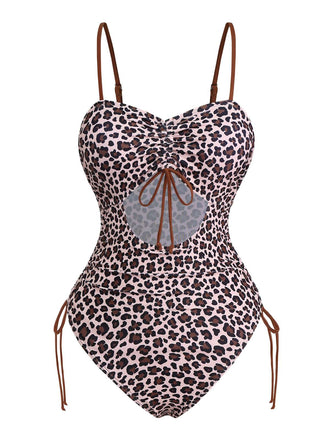 Brown 1940s Leopard Hollow Drawstring Swimsuit