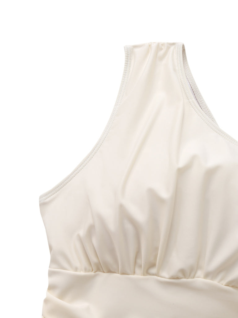 Beige 1940s Solid One-Shoulder Ruched Swim Dress