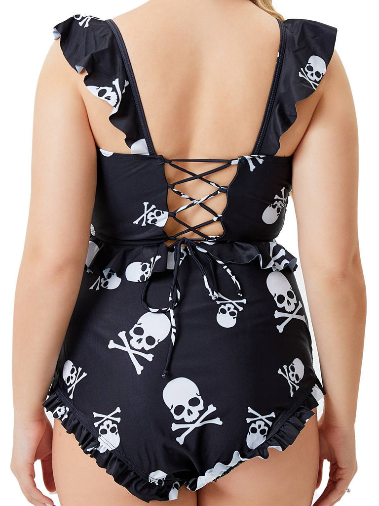 [Plus Size] Black 1980s Gothic Skull Print Ruffles Bikini Set