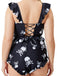 [Plus Size] Black 1980s Gothic Skull Print Ruffles Bikini Set