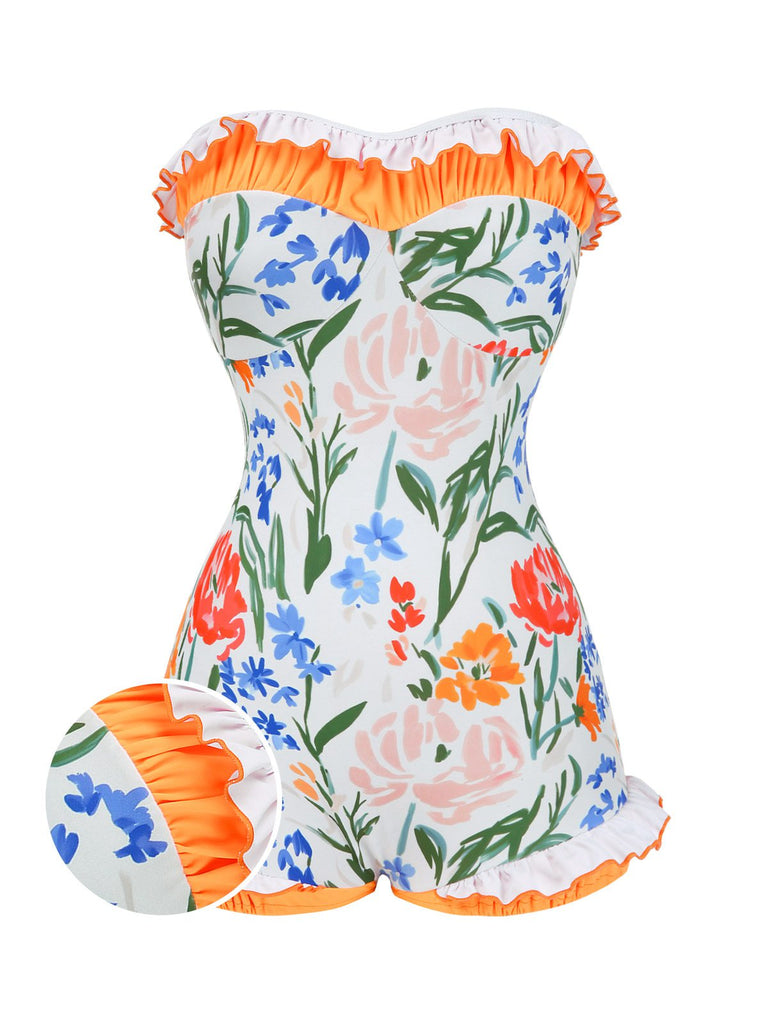 Multicolor 1960s Painted Floral Bandeau One-Piece Swimsuit
