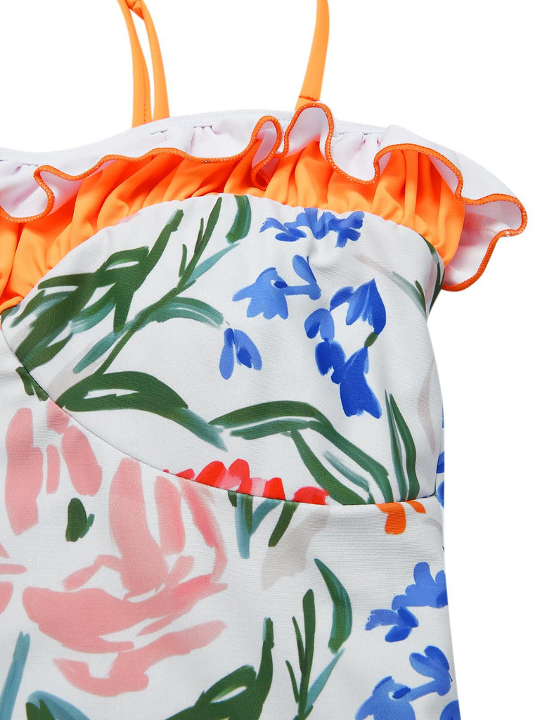 Multicolor 1960s Painted Floral Bandeau One-Piece Swimsuit