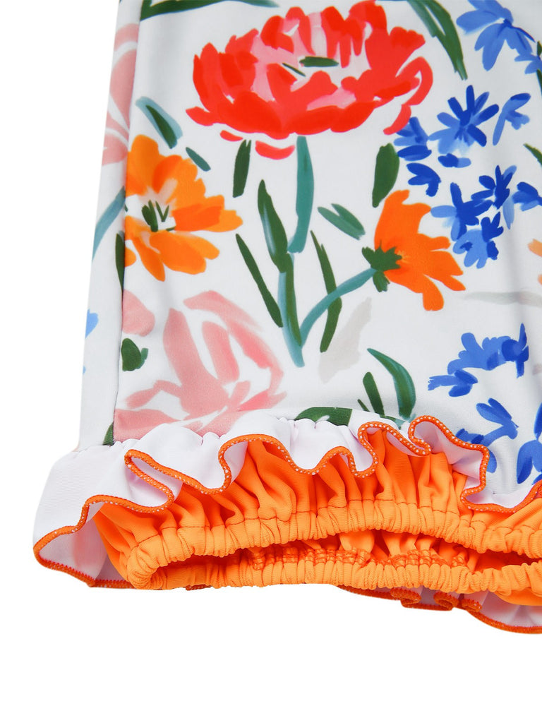 Multicolor 1960s Painted Floral Bandeau One-Piece Swimsuit