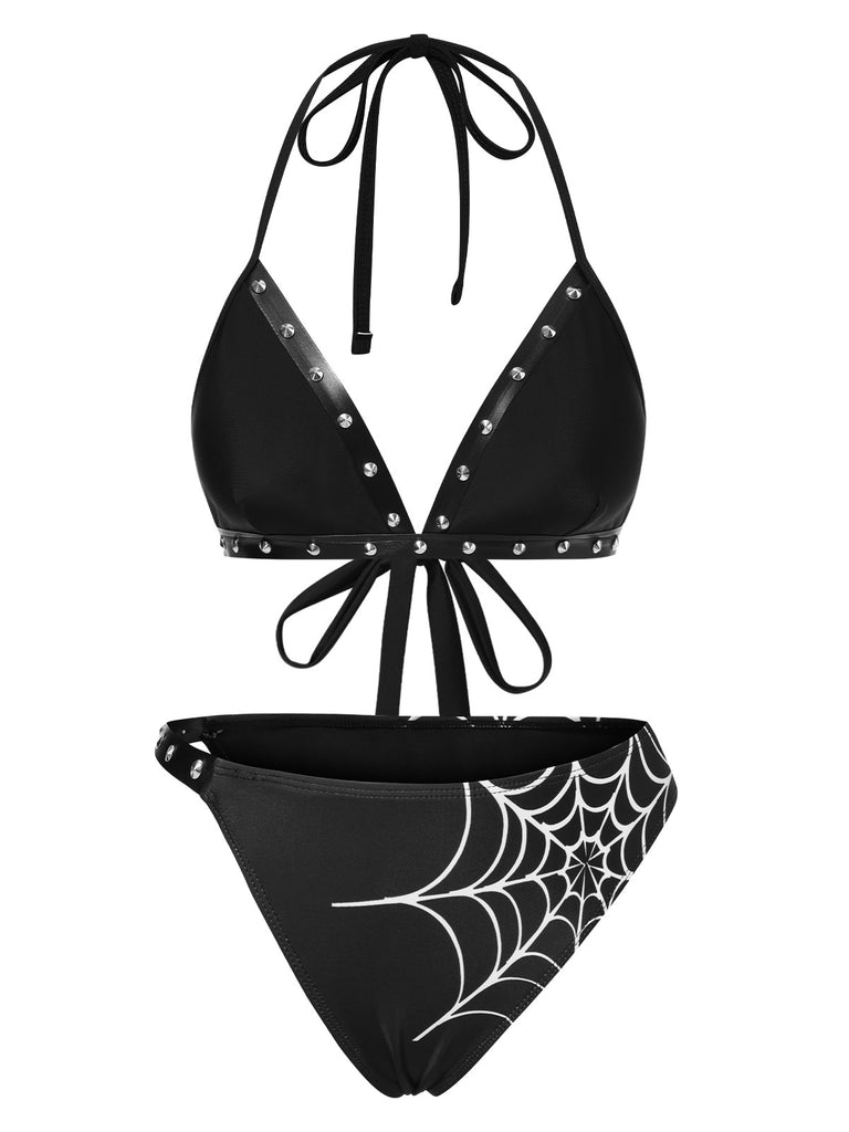 Black 1980s Gothic Spider Web Rivets Bikini Set