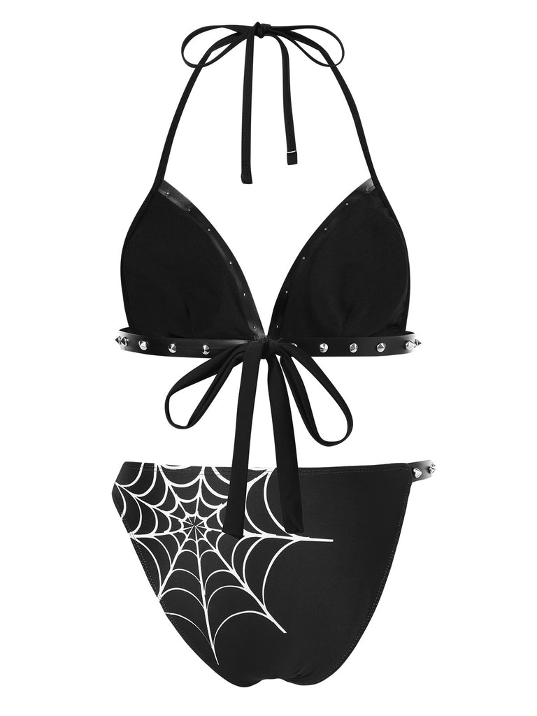 Black 1980s Gothic Spider Web Rivets Bikini Set