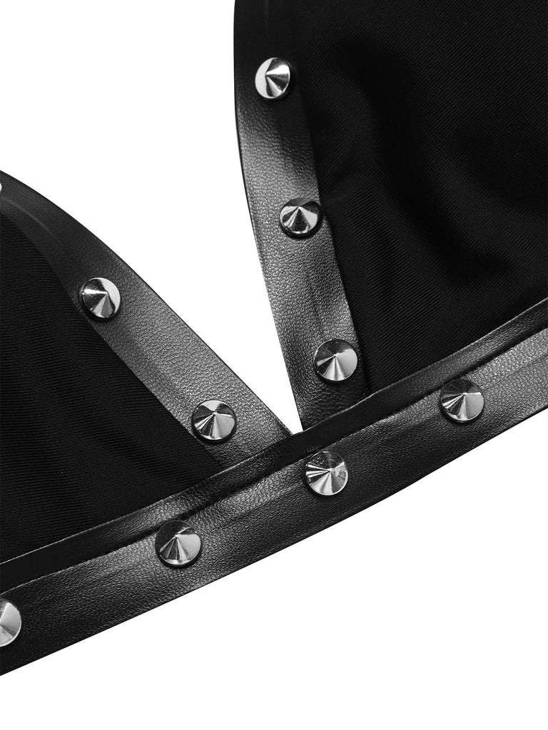 Black 1980s Gothic Spider Web Rivets Bikini Set