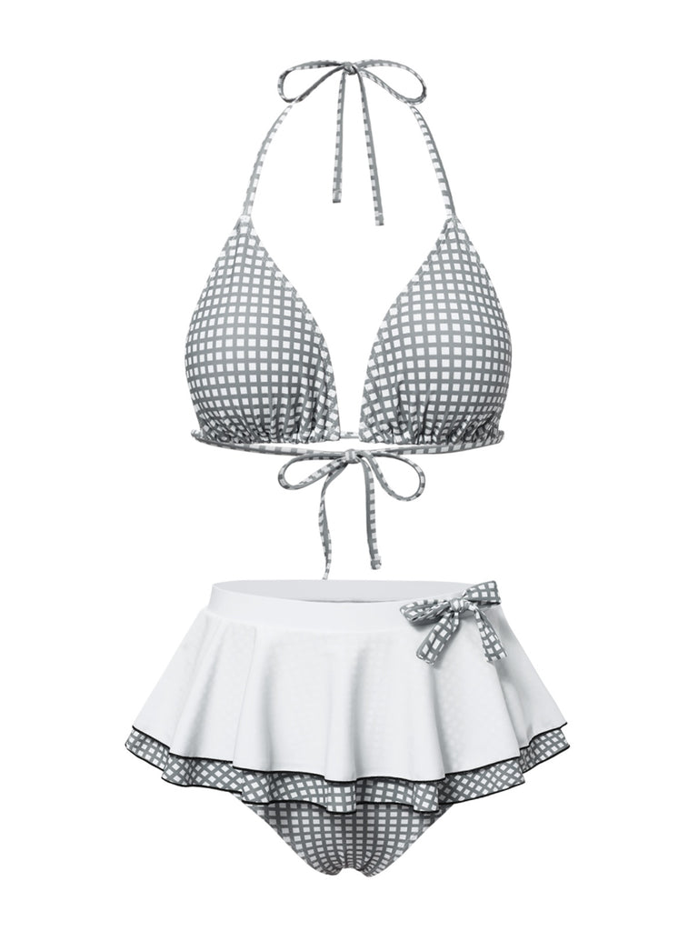 Gray & White 1940s Gingham Plaid Bow Halter Swimsuit