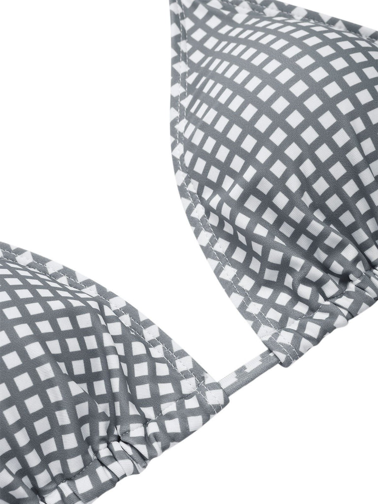 Gray & White 1940s Gingham Plaid Bow Halter Swimsuit