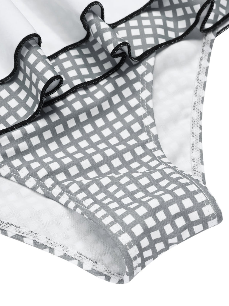 Gray & White 1940s Gingham Plaid Bow Halter Swimsuit
