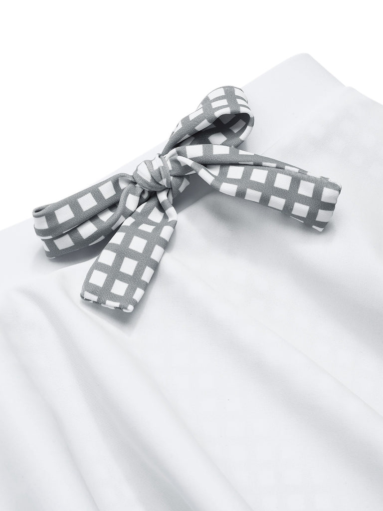 Gray & White 1940s Gingham Plaid Bow Halter Swimsuit