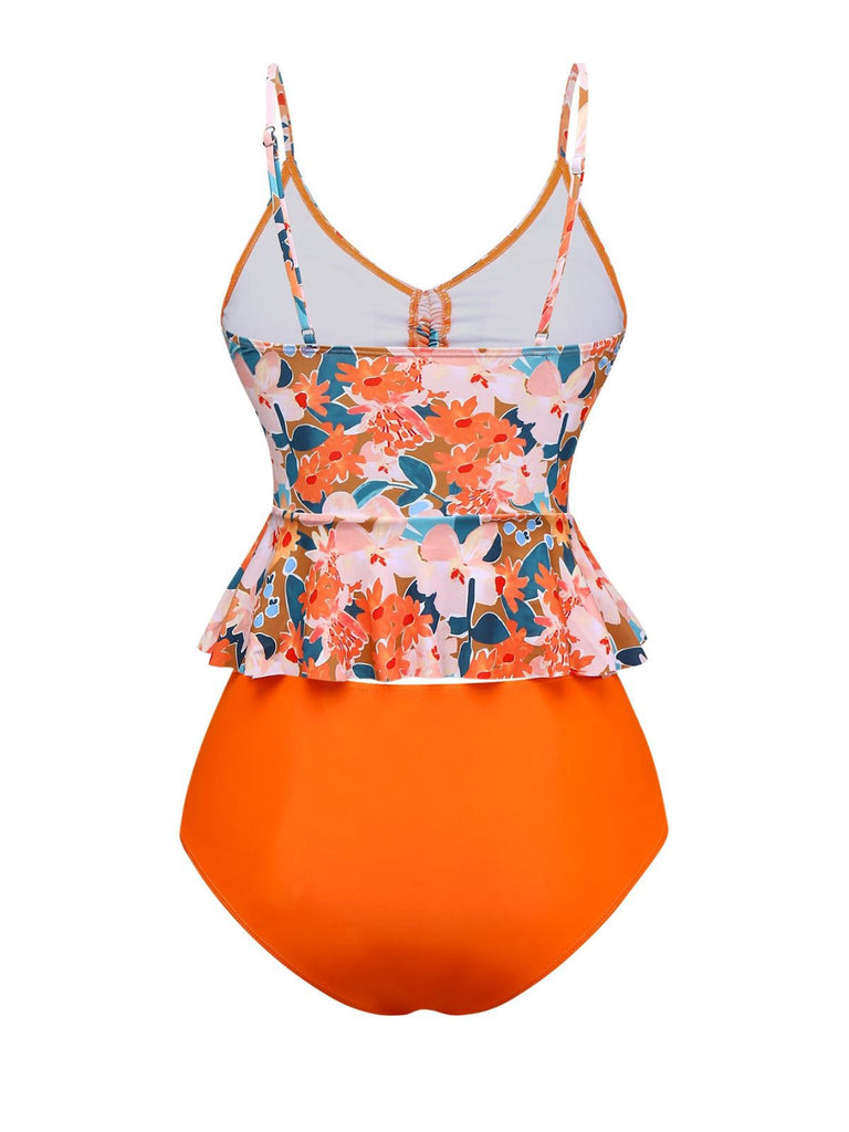 Orange 1970s Floral Drawstring Spaghetti Straps Tankini Set