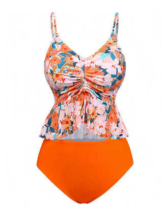 Orange 1970s Floral Drawstring Spaghetti Straps Tankini Set