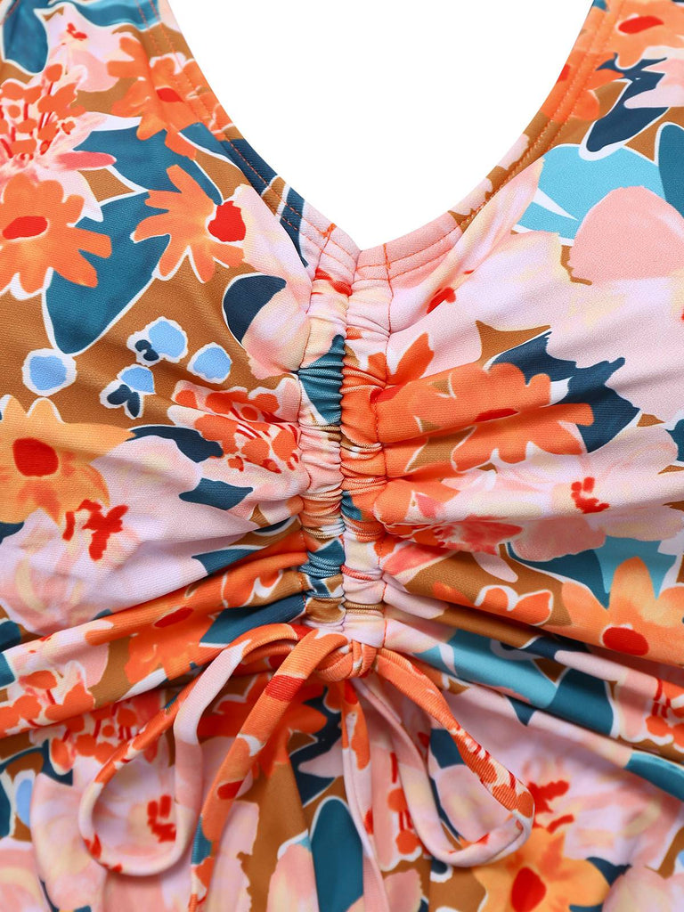 Orange 1970s Floral Drawstring Spaghetti Straps Tankini Set