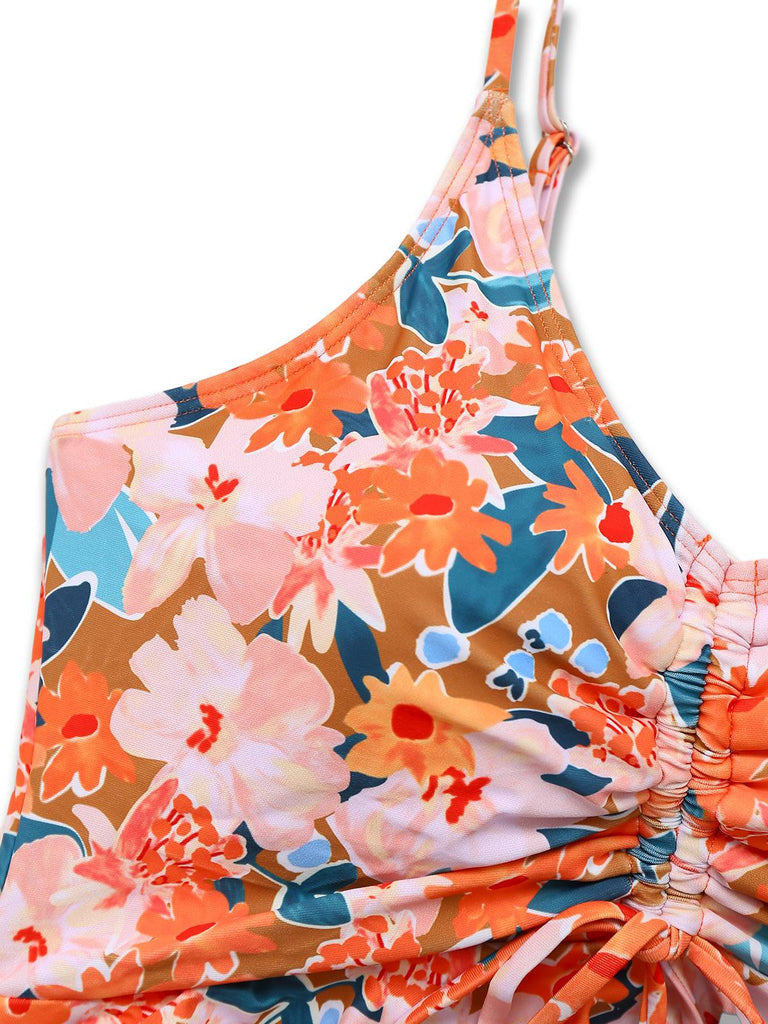 Orange 1970s Floral Drawstring Spaghetti Straps Tankini Set