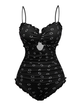 Black 1930s Smile Print Ruffles Spaghetti Straps One-Piece Swimsuit
