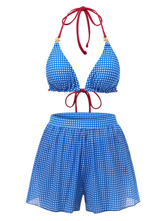 2PCS Blue 1950s Halter Plaid Alloy Star Bikini Set & Shorts
