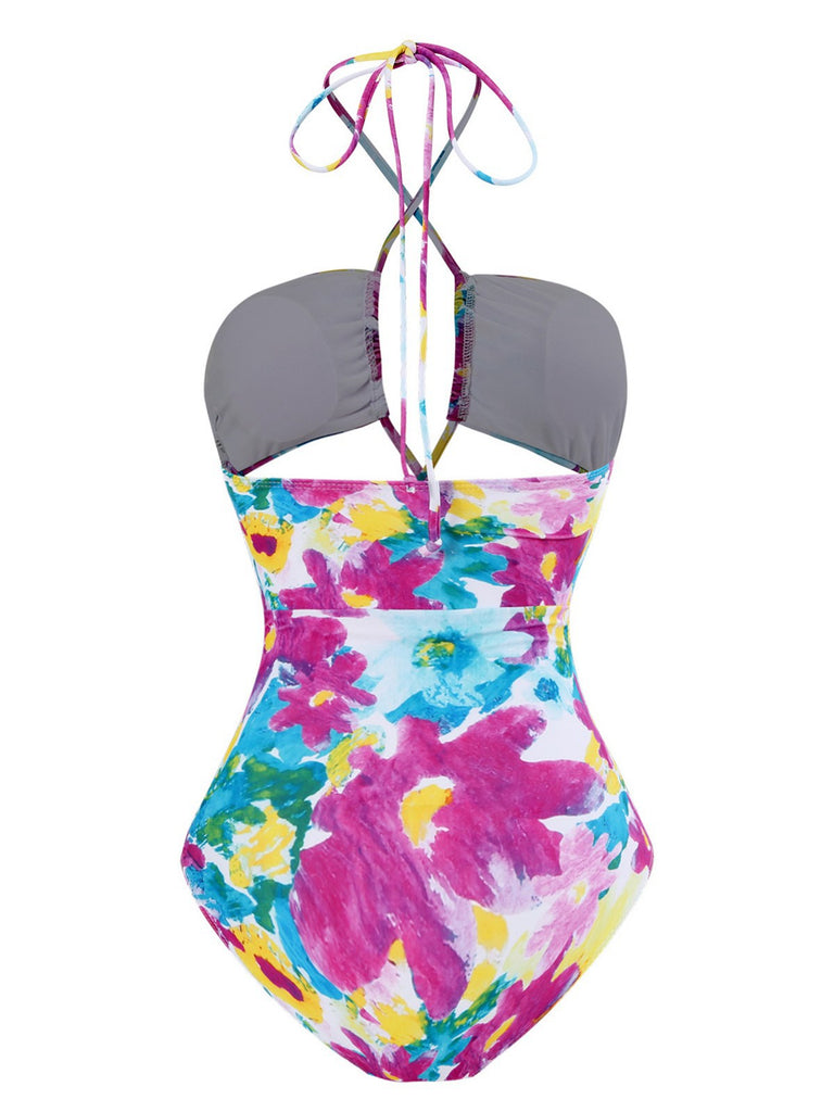 2PCS 1940s Cutout Halter Oil Painting Swimsuit & Cover-Up