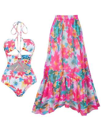 2PCS 1940s Cutout Halter Oil Painting Swimsuit & Cover-Up