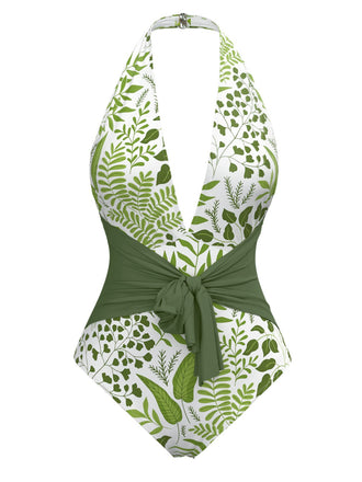 Green 1960s Plant Print Halter One-Piece Swimsuit
