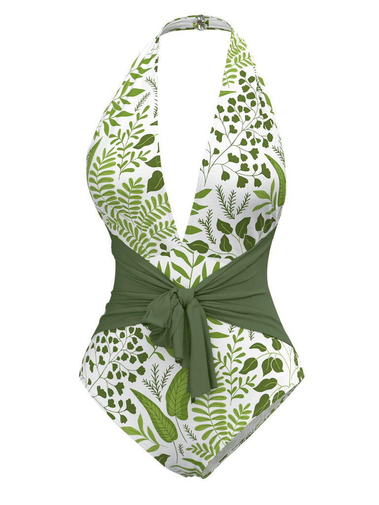 Green 1960s Plant Print Halter One-Piece Swimsuit