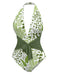 Green 1960s Plant Print Halter One-Piece Swimsuit