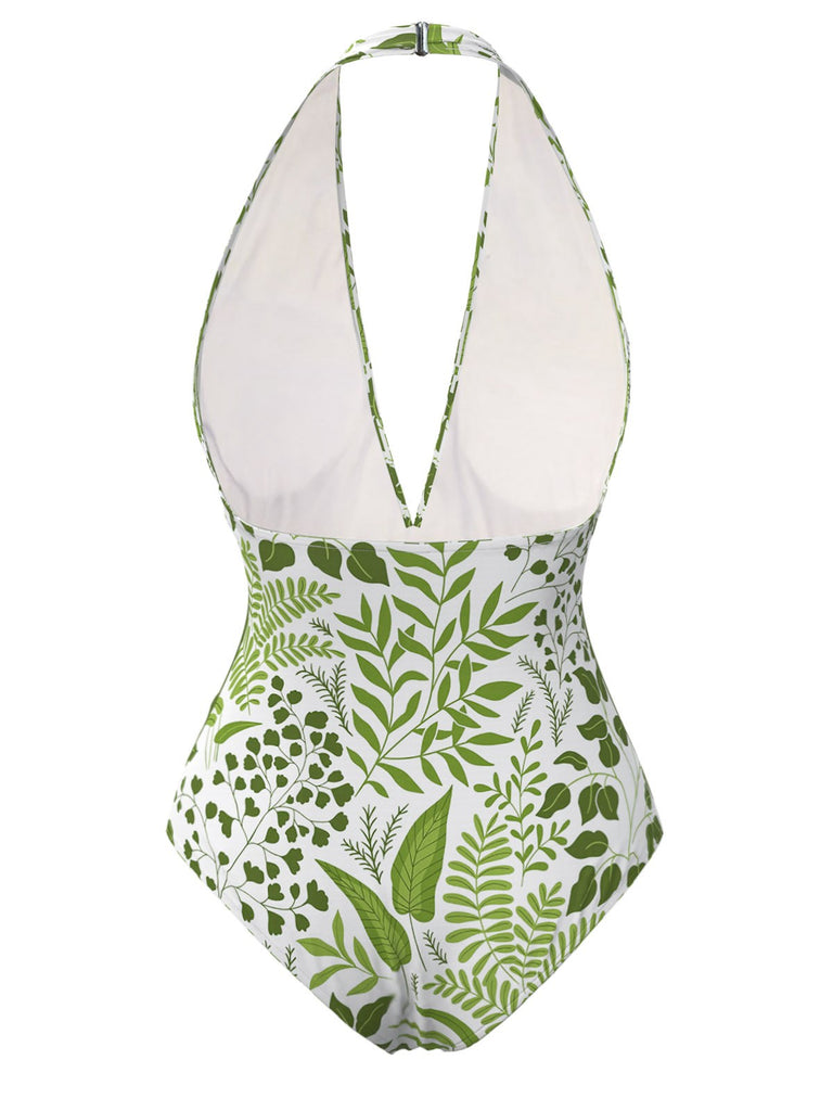 Green 1960s Plant Print Halter One-Piece Swimsuit