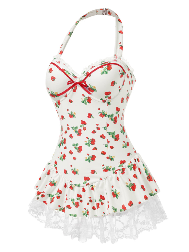 1950s Halter Strawberry Lace Bow Swimdress