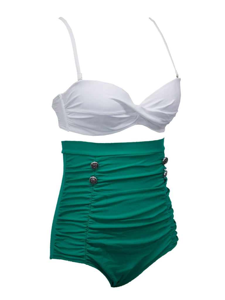 White & Green 1950s High-Waist Ruched Bikini Set