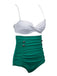 White & Green 1950s High-Waist Ruched Bikini Set