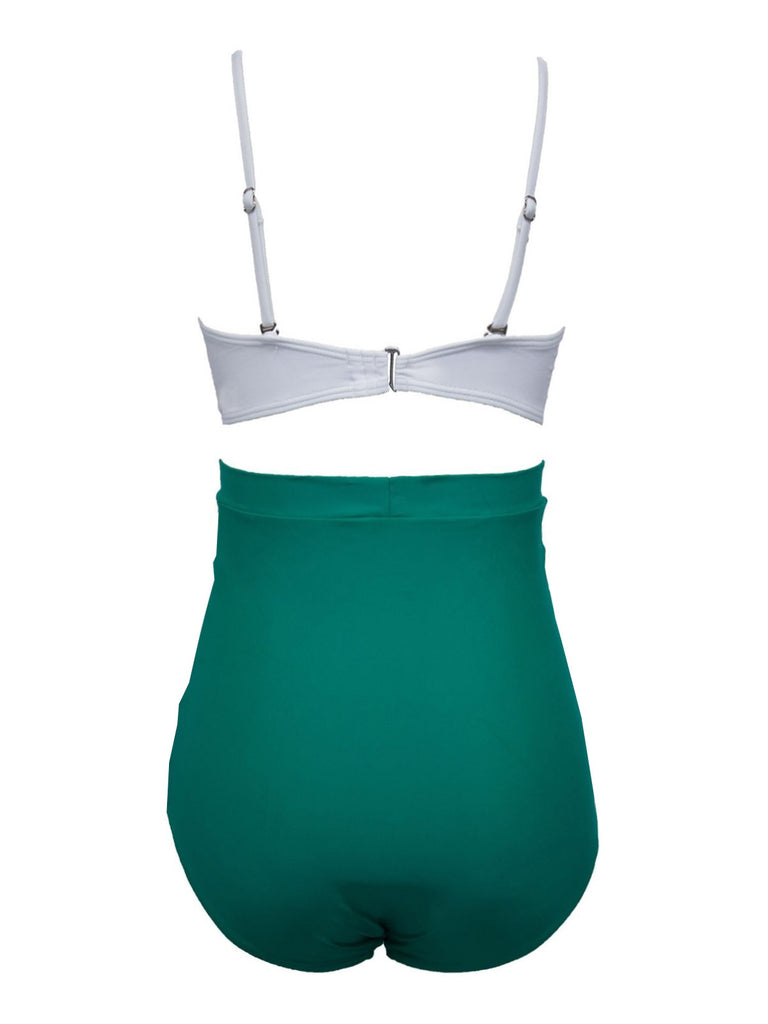 White & Green 1950s High-Waist Ruched Bikini Set