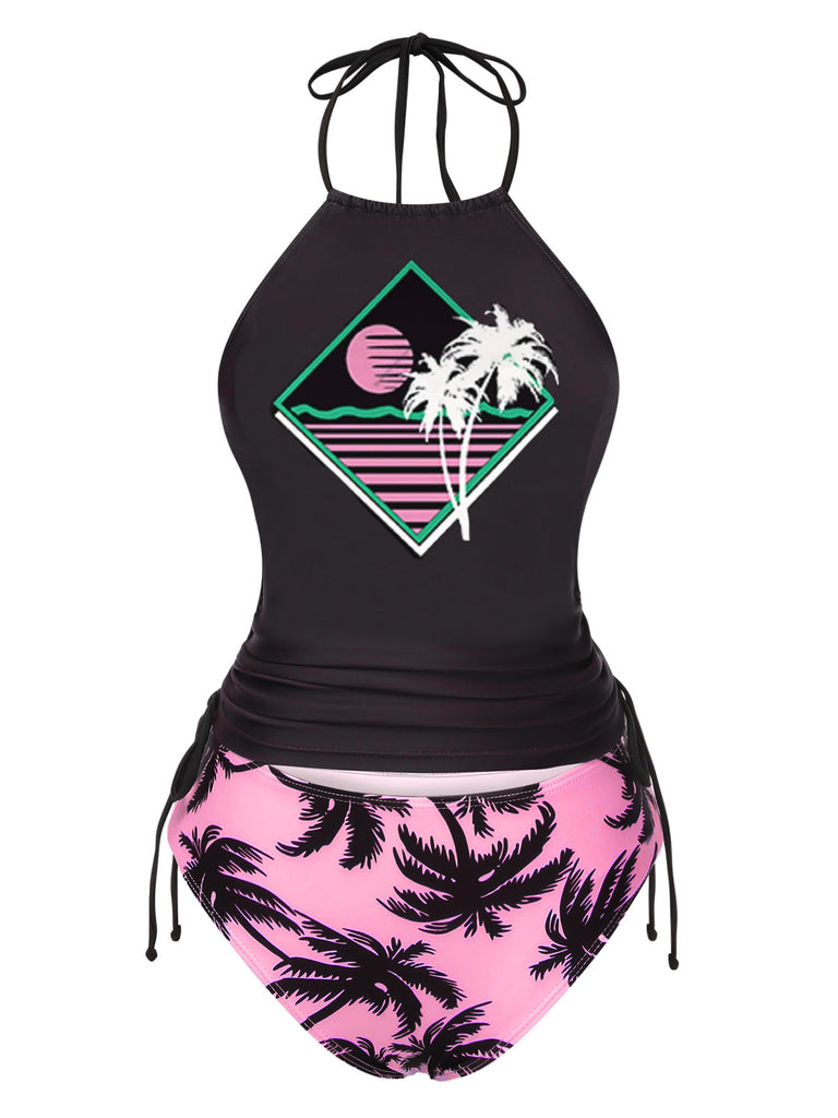 Black 1980s Punk Halter Skeleton Beach Print Bikini Set