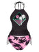 Black 1980s Punk Halter Skeleton Beach Print Bikini Set