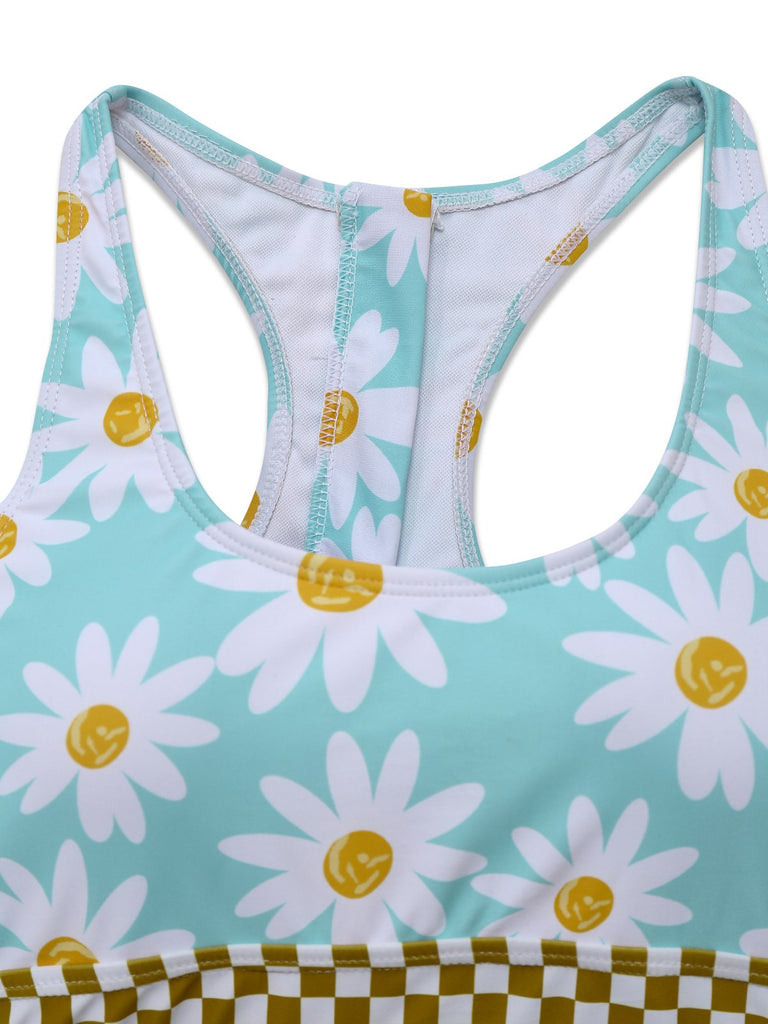 Blue 1960s Daisy Print Check Tankini Set