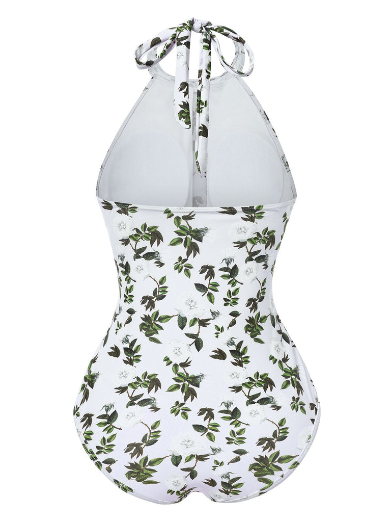 2PCS Green 1930s Leaf Print Halter One-Piece Swimsuit & Cover Up