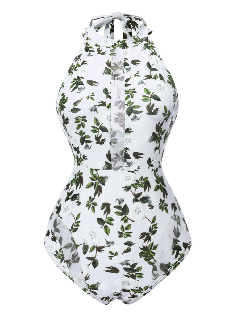 2PCS Green 1930s Leaf Print Halter One-Piece Swimsuit & Cover Up