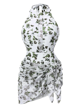 2PCS Green 1930s Leaf Print Halter One-Piece Swimsuit & Cover Up