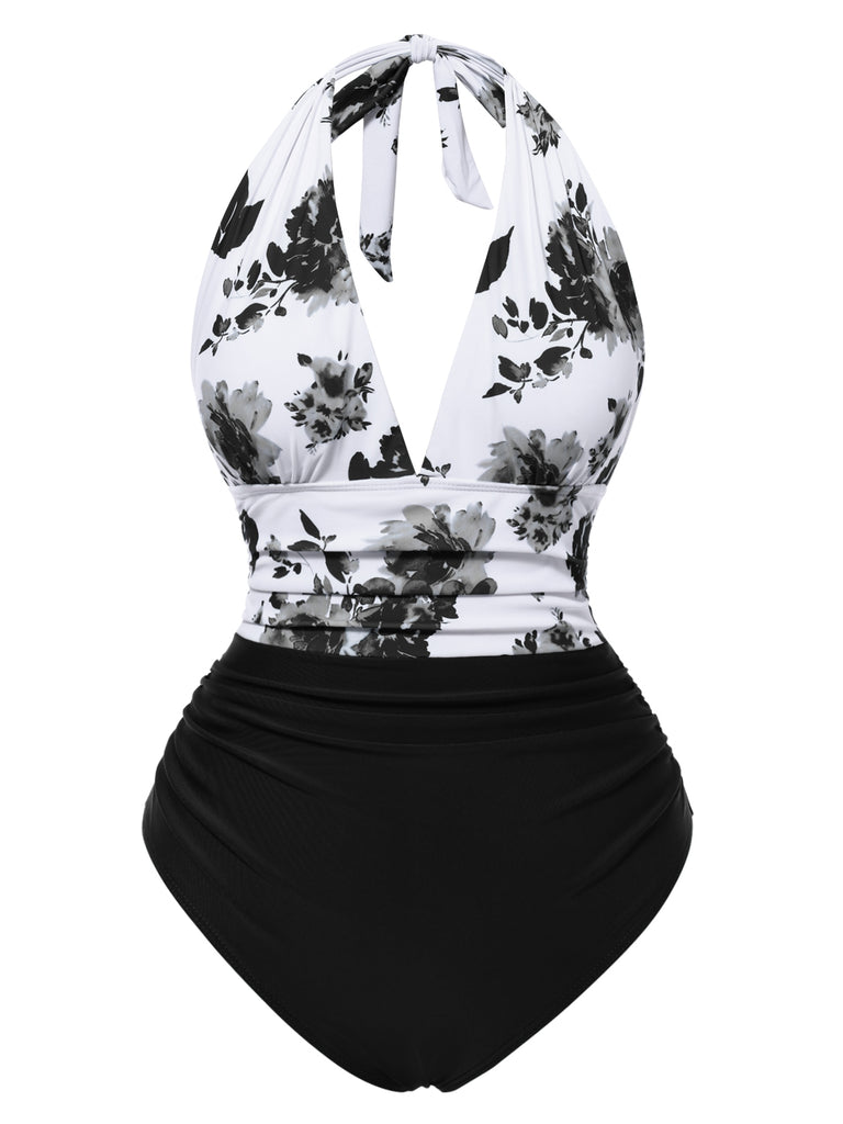 1940s Halter Floral Ruched One-piece Swimsuit